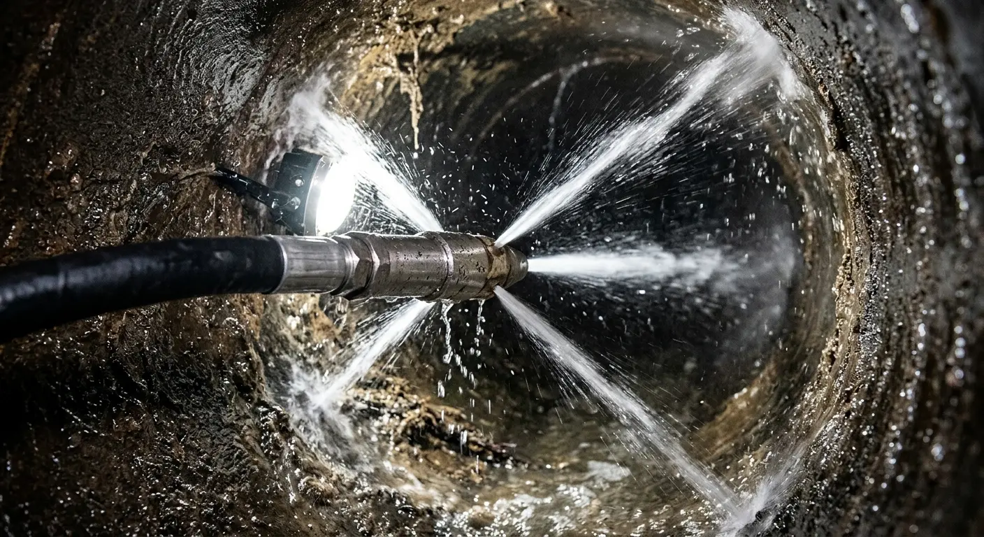 High-pressure hydro jetting nozzle cleaning sewer pipe for Sewer Line Relining in Baldwinsville