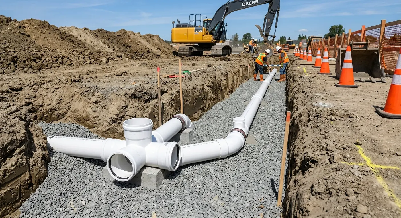 New PVC sewer pipe installation in open trench for Sewer Backup in Baldwinsville