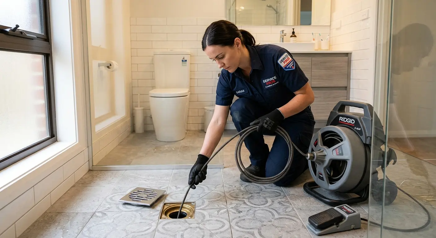 Technician clearing a bathroom floor drain for Hydro Jetting in Baldwinsville